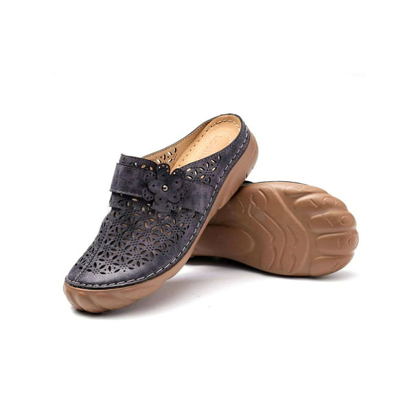 Women's Bohemia Leather Slipper Vintage Slip Ons Flower Loafer Sandals 